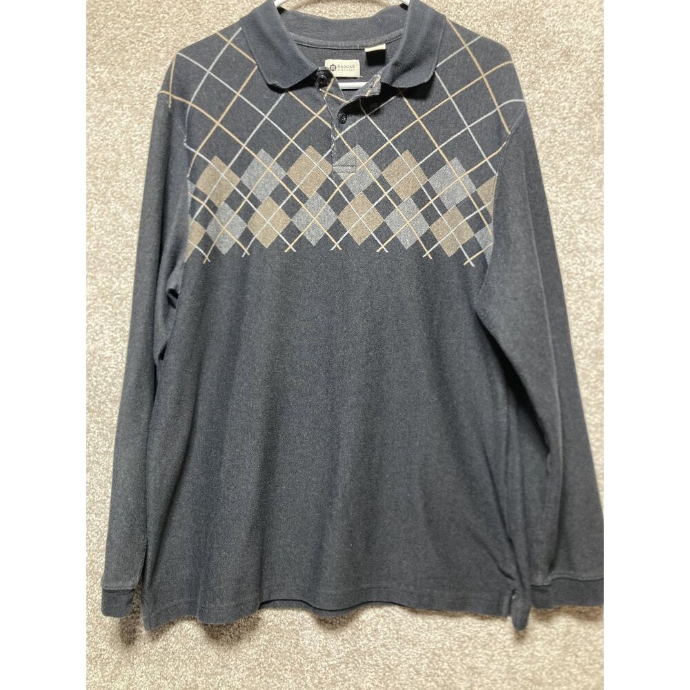 Haggar Mens Argyle Long Sleeve Polo Shirt L Cotton/Polyester Blend
